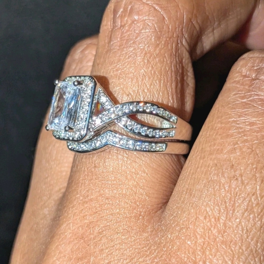 Radiant Cut 3.90Ct Simulated Diamond 14K White Gold Plated Wedding Ring Set Sz 8